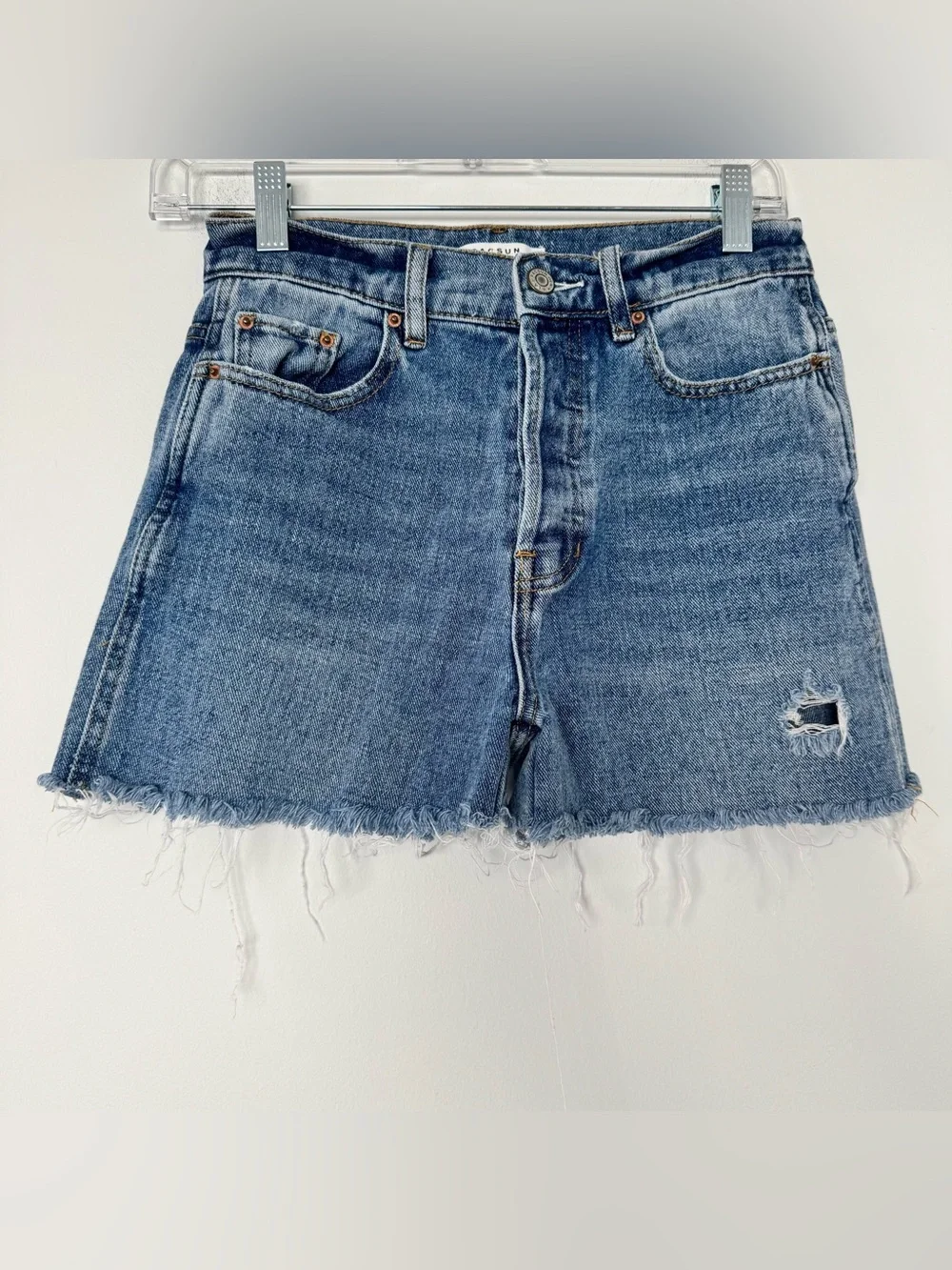 PacSun Baggy Denim Shorts Blue Distressed Button Fly Raw Hem High-Rise Sz 25
